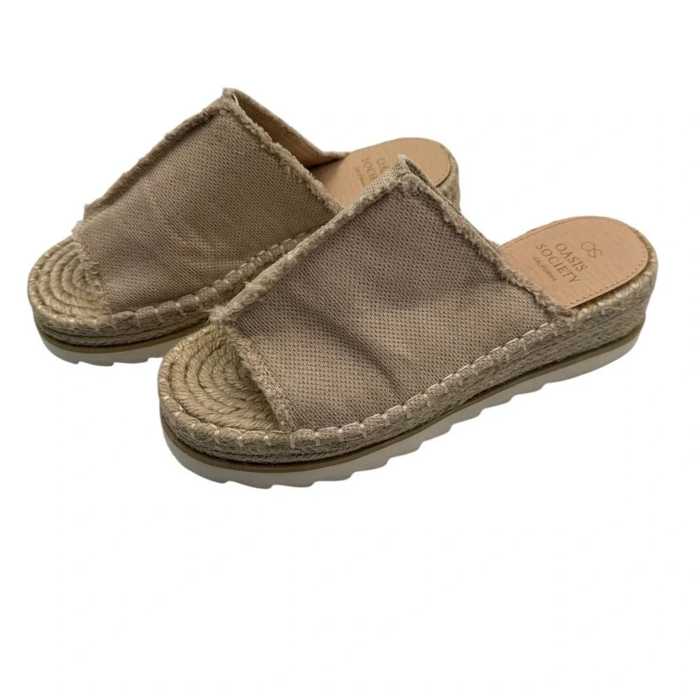 Oasis Society Womens Tan Frayed Canvas Espadrille Platform Slide Sandals Size 7